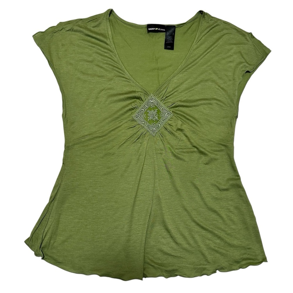 DKNY NWT Green Ruched Embellished Blouse SZ L